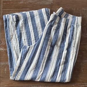 Striped Blue and White Wide-Leg Linen Blend Pants
